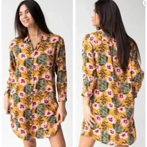 Natural Life Floral Yellow Shirt Dress Size XS Boho Hippie Relaxed Costal Resort